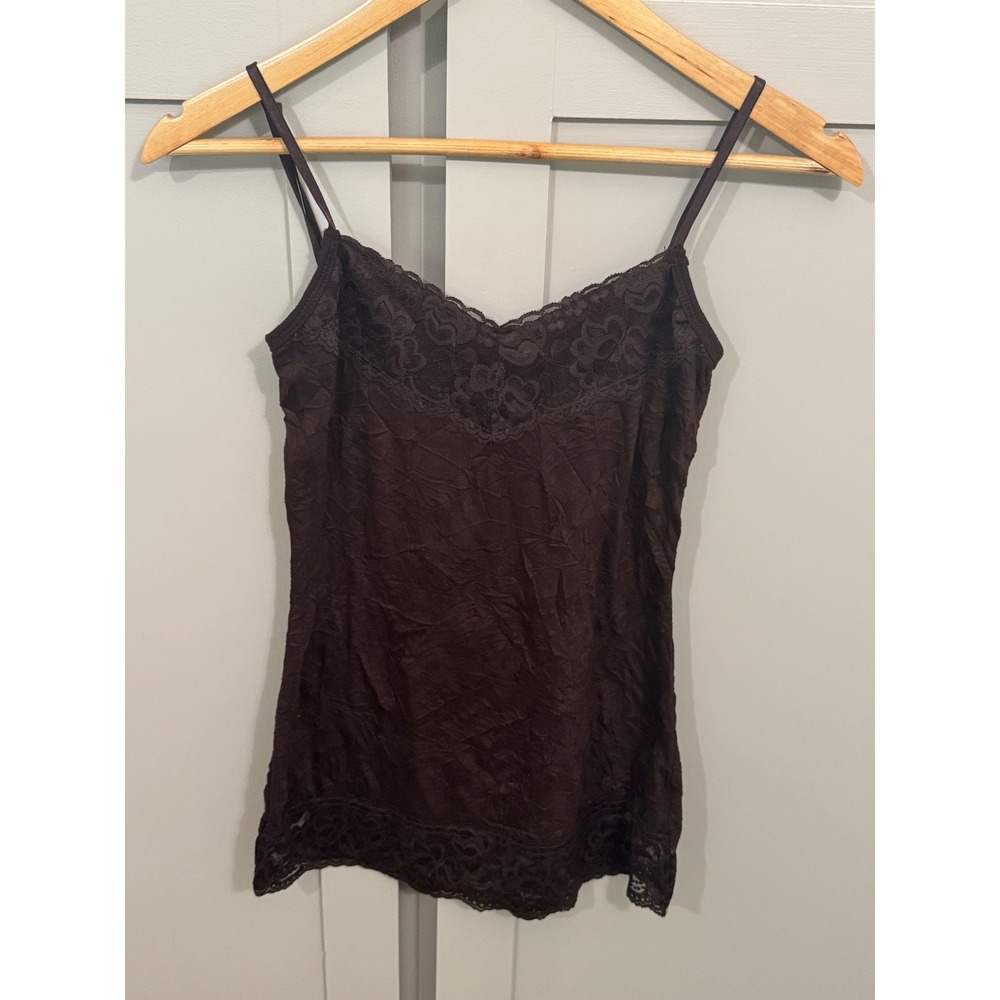 Brown Y2K Crinkle Lace Trim Cami Adjustable Straps Small